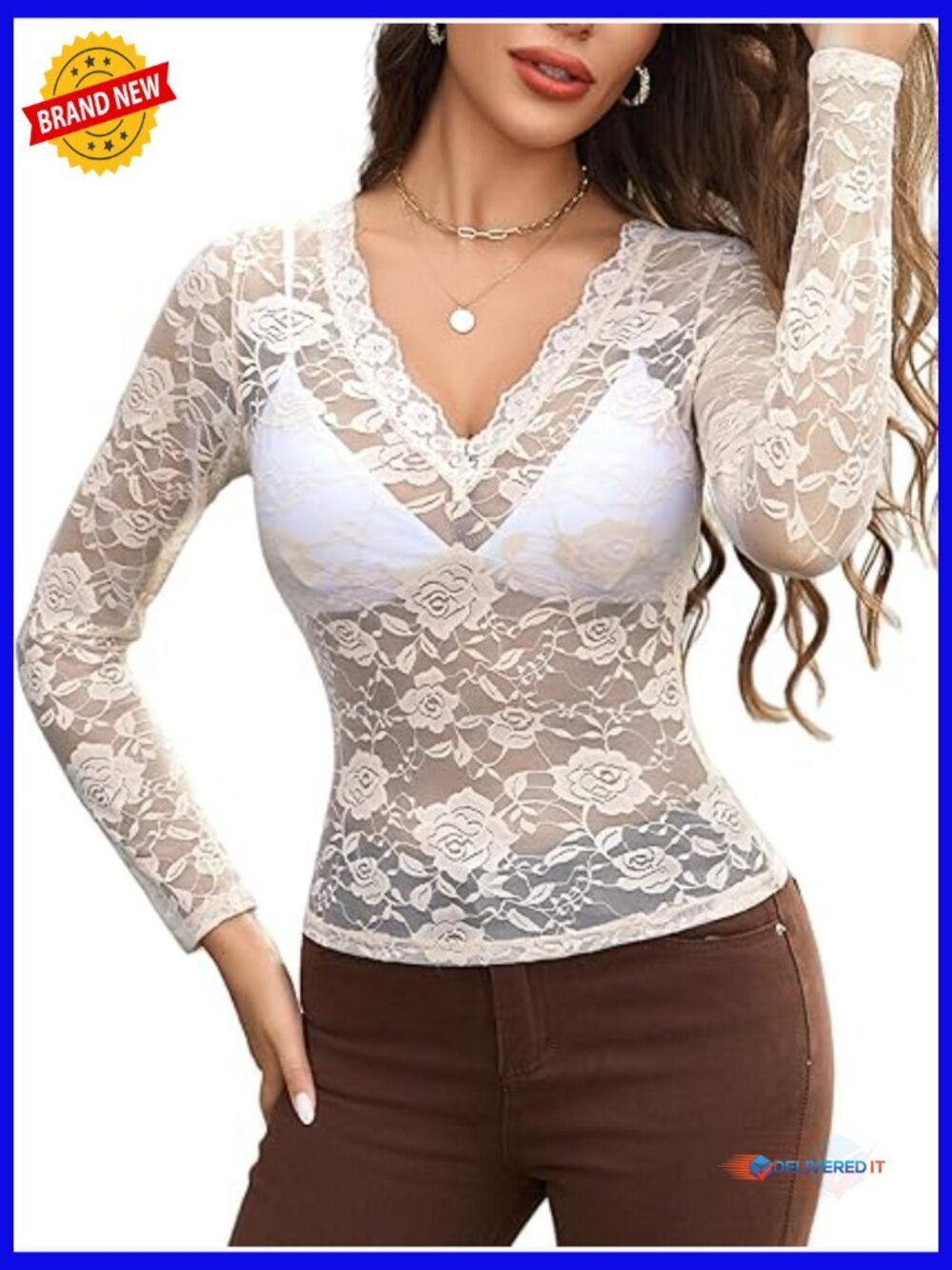 Sheer Mesh Long Sleeve Blouse Floral Lace V-Neck Top Women S-XXL
